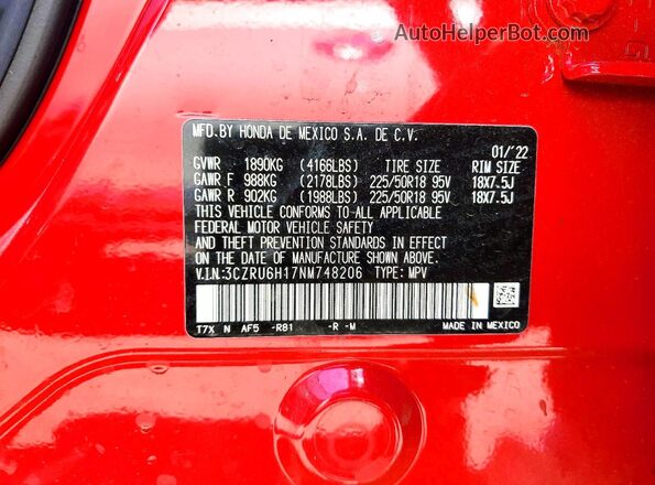 3CZRU6H17NM748206 2022 HONDA HR-V Red Vista de la etiqueta del VIN