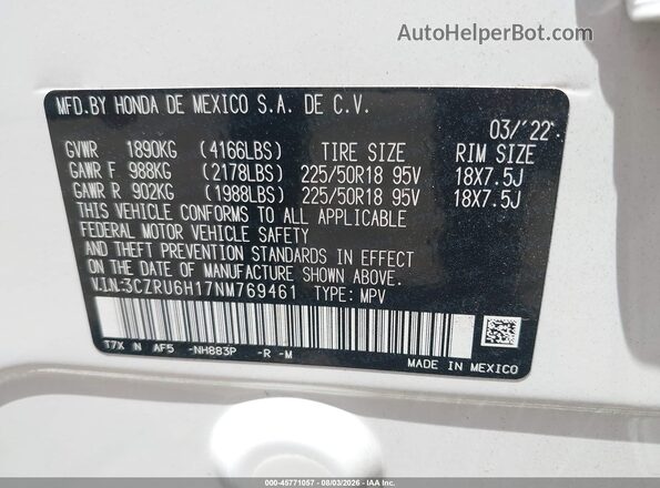 3CZRU6H17NM769461 2022 HONDA HR-V White Вид підкапотного простору
