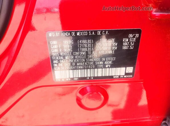 3CZRU6H18MM701829 2021 HONDA HR-V Red Вид підкапотного простору