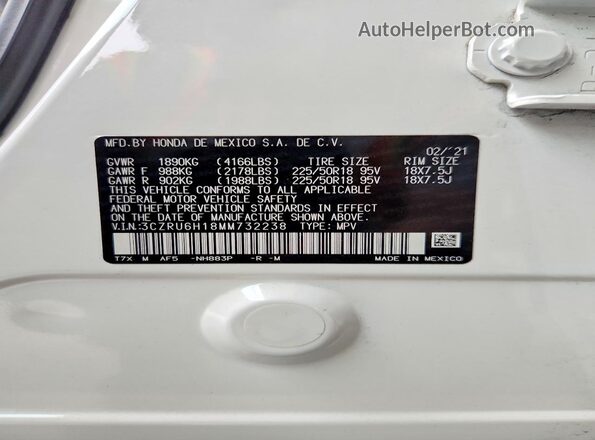 3CZRU6H18MM732238 2021 HONDA HR-V White VIN sticker view