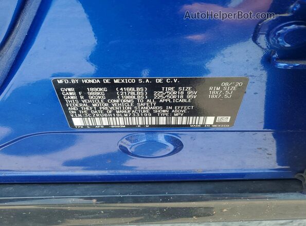 3CZRU6H19LM733199 2020 HONDA HR-V Blue Vista de la etiqueta del VIN