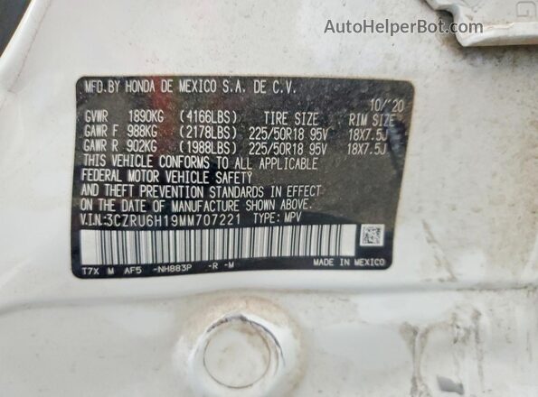 3CZRU6H19MM707221 2021 HONDA HR-V White Вид наклейки з VIN-кодом