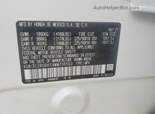 3CZRU6H19MM756502 2021 HONDA HR-V White Вид наклейки з VIN-кодом