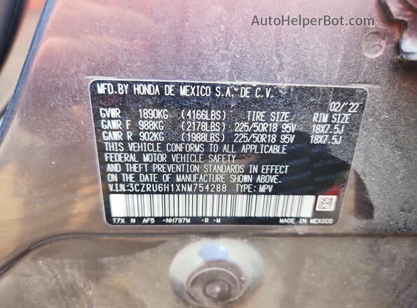 3CZRU6H1XNM754288 2022 HONDA HR-V Серый Вид наклейки с VIN-кодом