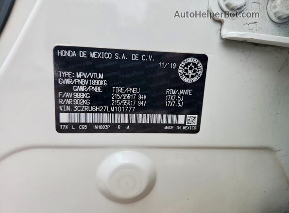3CZRU6H27LM101777 2020 HONDA HR-V White 360 interior view