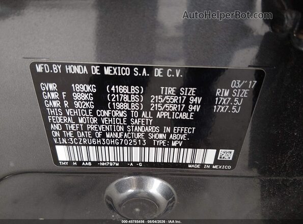 3CZRU6H30HG702513 2017 HONDA HR-V Gray Вид підкапотного простору