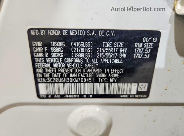 3CZRU6H30KM708451 2019 HONDA HR-V White VIN կոդի պիտակի տեսք