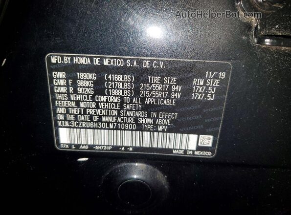 3CZRU6H30LM710900 2020 HONDA HR-V Black Vista de la etiqueta del VIN