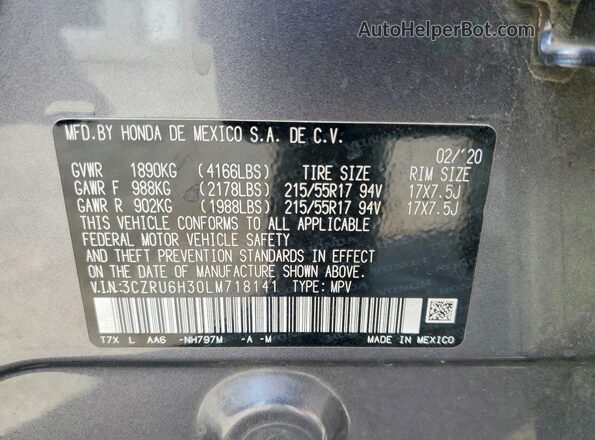 3CZRU6H30LM718141 2020 HONDA HR-V Gray 360 interior view