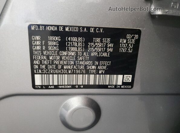 3CZRU6H30LM719676 2020 HONDA HR-V Silver Вид наклейки з VIN-кодом
