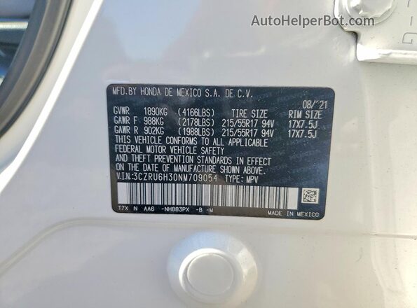 3CZRU6H30NM709054 2022 HONDA HR-V White Vista de la etiqueta del VIN