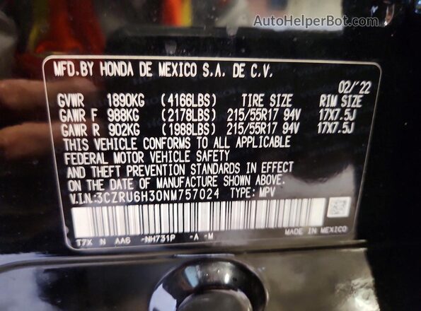 3CZRU6H30NM757024 2022 HONDA HR-V Black Vista de la etiqueta del VIN