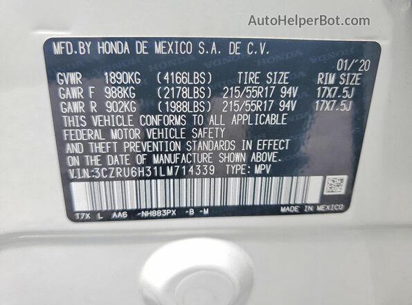 3CZRU6H31LM714339 2020 HONDA HR-V White VIN կոդի պիտակի տեսք