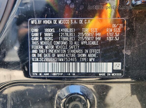 3CZRU6H31MM753465 2021 HONDA HR-V Black VIN կոդի պիտակի տեսք
