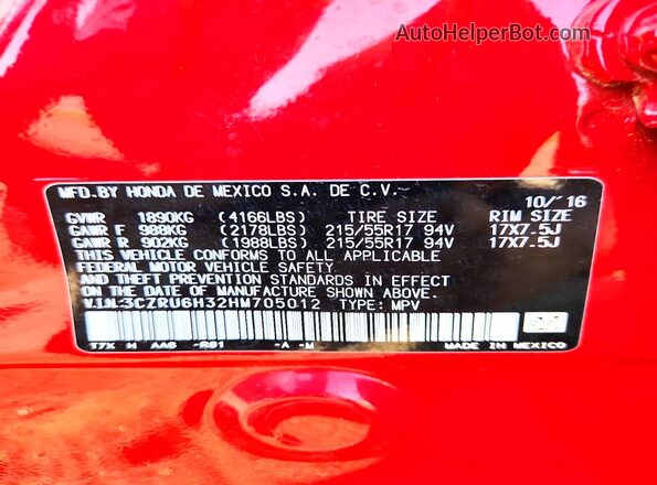 3CZRU6H32HM705012 2017 HONDA HR-V Red VIN կոդի պիտակի տեսք