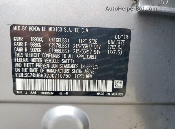 3CZRU6H32JG710750 2018 HONDA HR-V Silver VIN sticker view