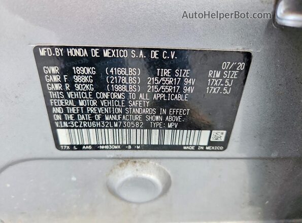 3CZRU6H32LM730582 2020 HONDA HR-V Silver Vista de la etiqueta del VIN