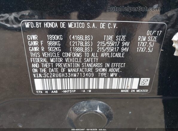 3CZRU6H33HM713409 2017 HONDA HR-V Black Vista del compartimento del motor