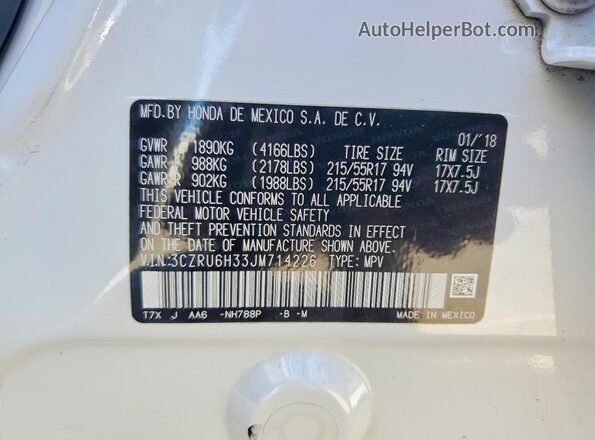 3CZRU6H33JM714226 2018 HONDA HR-V White VIN կոդի պիտակի տեսք