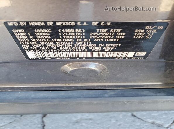 3CZRU6H33KM709870 2019 HONDA HR-V Gray VIN კოდის სტიკერის ხედი