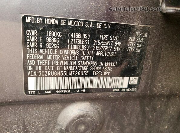 3CZRU6H33LM726055 2020 HONDA HR-V Gray Vista de la etiqueta del VIN