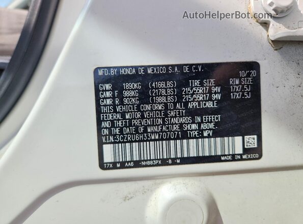 3CZRU6H33MM707071 2021 HONDA HR-V White VIN კოდის სტიკერის ხედი