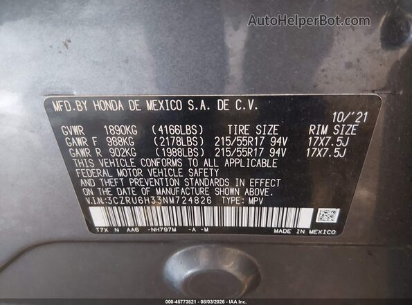 3CZRU6H33NM724826 2022 HONDA HR-V Серый Вид подкапотного пространства