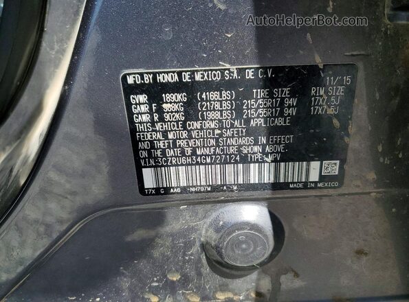 3CZRU6H34GM727124 2016 HONDA HR-V Gray VIN կոդի պիտակի տեսք