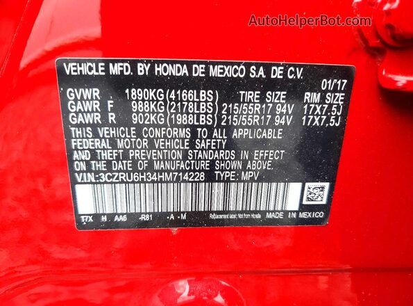 3CZRU6H34HM714228 2017 HONDA HR-V Red VIN კოდის სტიკერის ხედი
