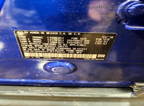 3CZRU6H34JG718042 2018 HONDA HR-V Blue VIN կոդի պիտակի տեսք