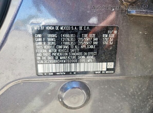 3CZRU6H34KM702068 2019 HONDA HR-V Gray Widok wnętrza 360 stopni