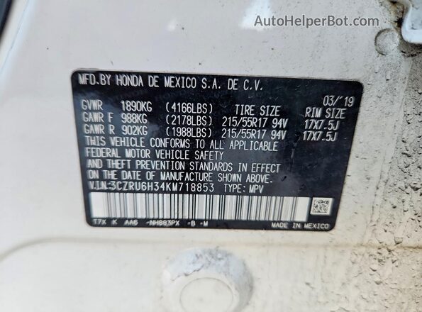 3CZRU6H34KM718853 2019 HONDA HR-V White VIN կոդի պիտակի տեսք