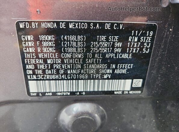3CZRU6H34LG701969 2020 HONDA HR-V Gray 360 interior view
