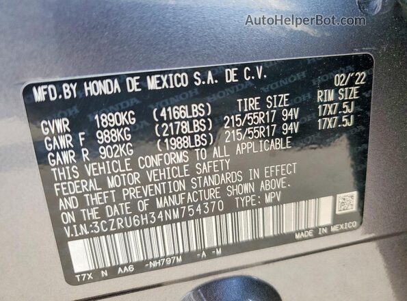 3CZRU6H34NM754370 2022 HONDA HR-V Серый Вид наклейки с VIN-кодом
