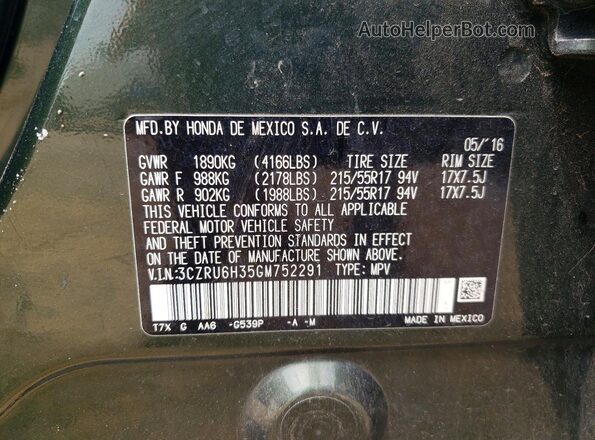 3CZRU6H35GM752291 2016 HONDA HR-V Зеленый Вид наклейки с VIN-кодом