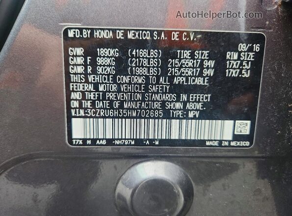 3CZRU6H35HM702685 2017 HONDA HR-V Gray Вид наклейки з VIN-кодом