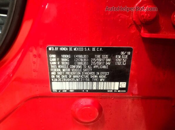 3CZRU6H35JM731156 2018 HONDA HR-V Red VIN կոդի պիտակի տեսք