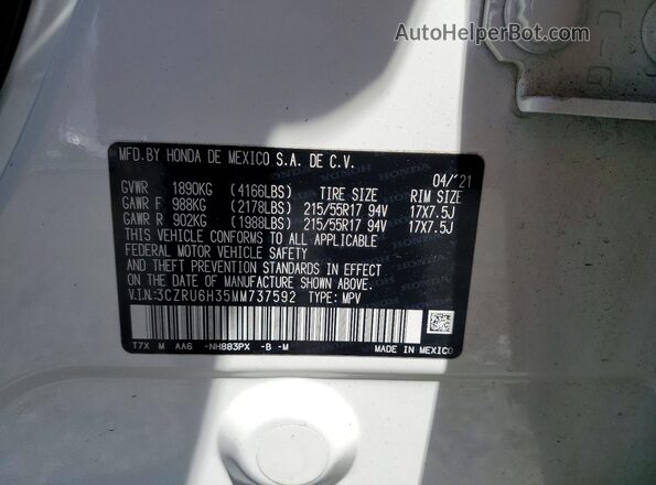 3CZRU6H35MM737592 2021 HONDA HR-V White VIN კოდის სტიკერის ხედი