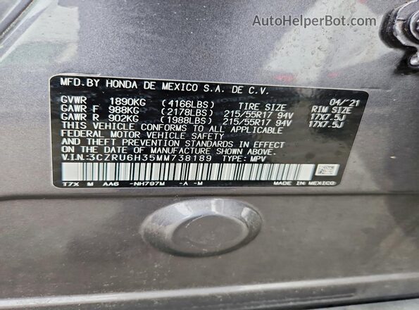 3CZRU6H35MM738189 2021 HONDA HR-V Серый Панорамный вид салона 360°