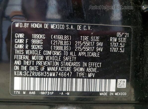 3CZRU6H35MM746647 2021 HONDA HR-V Black VIN կոդի պիտակի տեսք