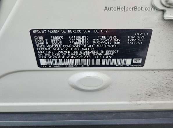 3CZRU6H36MM722244 2021 HONDA HR-V White Widok wnętrza 360 stopni