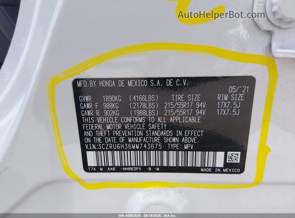 3CZRU6H36MM743675 2021 HONDA HR-V Белый Вид подкапотного пространства
