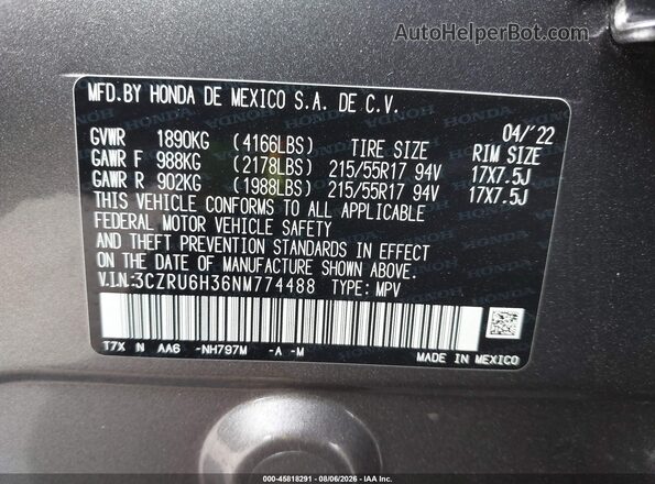 3CZRU6H36NM774488 2022 HONDA HR-V Серый Вид подкапотного пространства