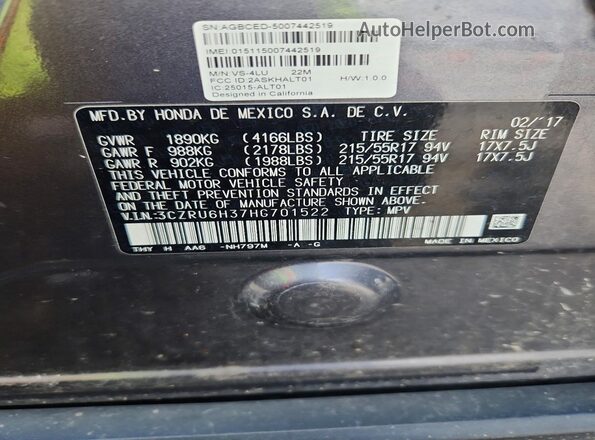 3CZRU6H37HG701522 2017 HONDA HR-V Gray VIN sticker view