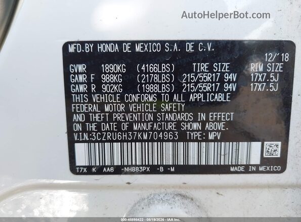 3CZRU6H37KM704963 2019 HONDA HR-V White Widok komory silnika