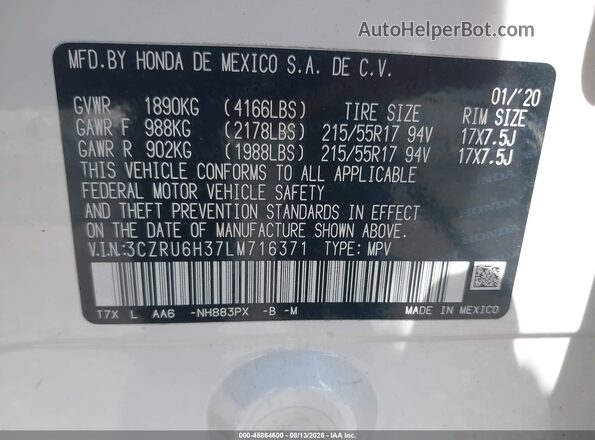 3CZRU6H37LM716371 2020 HONDA HR-V White Շարժիչի բաժամունքի տեսք