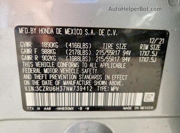 3CZRU6H37NM739412 2022 HONDA HR-V Silver სალონის 360-გრადუსიანი ხედი
