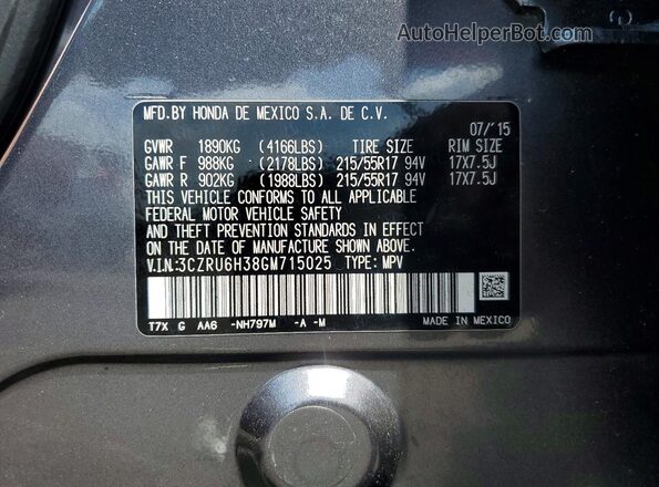 3CZRU6H38GM715025 2016 HONDA HR-V Gray VIN կոդի պիտակի տեսք