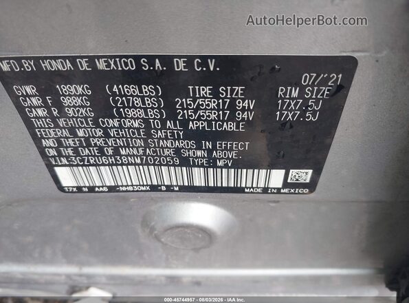 3CZRU6H38NM702059 2022 HONDA HR-V Gray Շարժիչի բաժամունքի տեսք