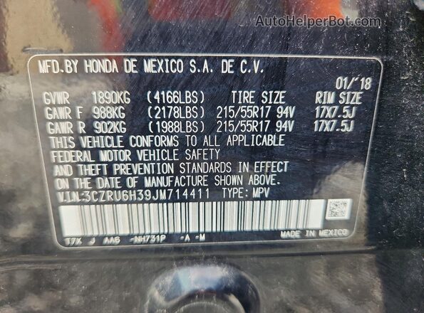 3CZRU6H39JM714411 2018 HONDA HR-V Black VIN კოდის სტიკერის ხედი